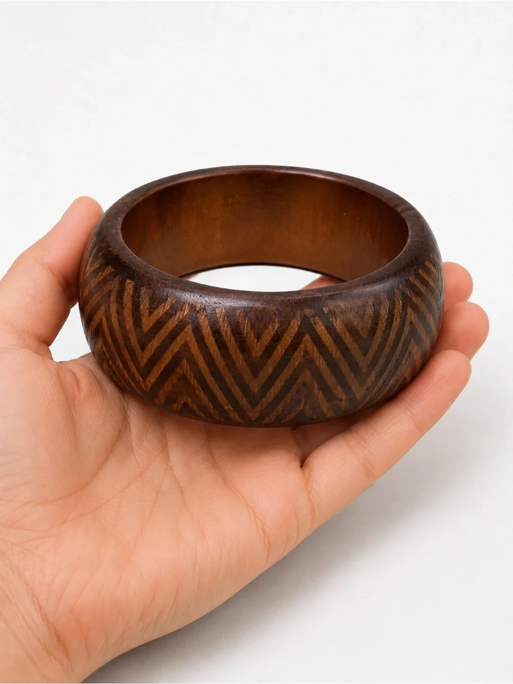 Brand New Hand Carved Wooden Bangle Bracelet Brown Chevron Boho Wide Cuff